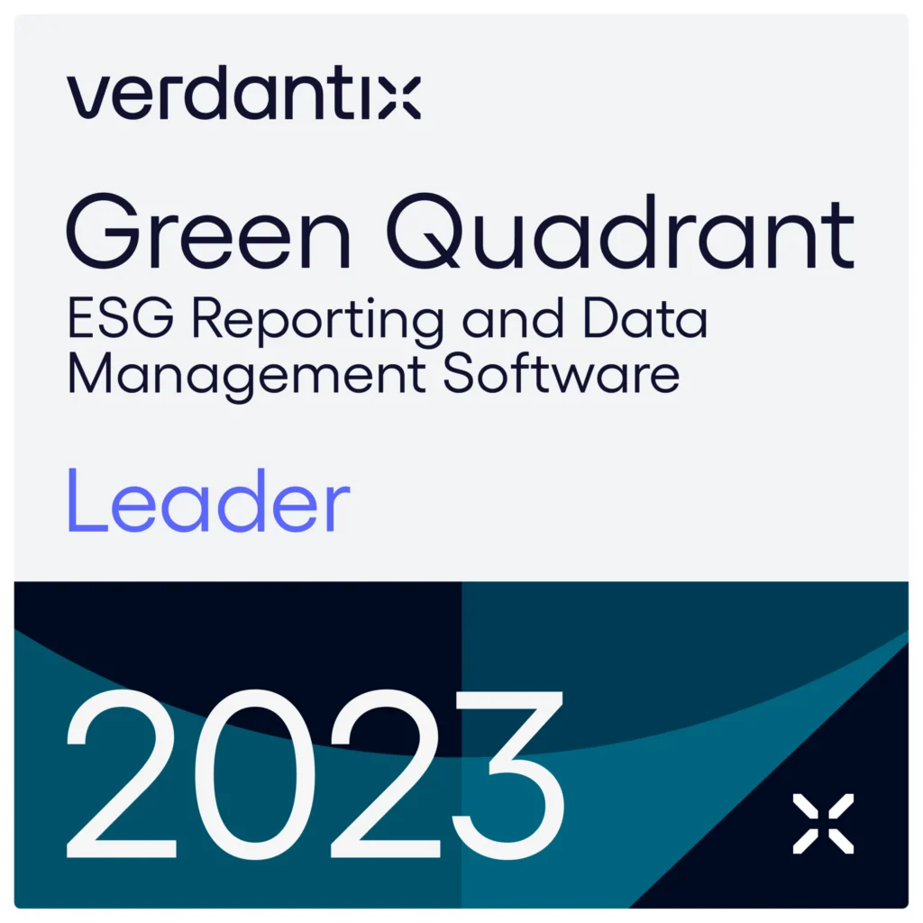 A badge with verdantix Green Quadrant ESG Reporting and Data Management Software Leader 2023 in bold text, with abstract shapes and a modern design in blue and teal colors.