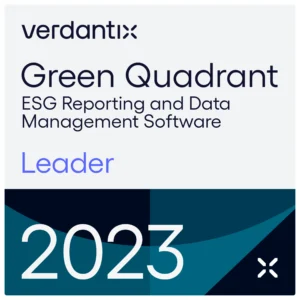 A badge with verdantix Green Quadrant ESG Reporting and Data Management Software Leader 2023 in bold text, with abstract shapes and a modern design in blue and teal colors.