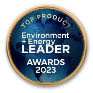 A round blue and gold badge featuring the text: Top Product, Environment + Energy Leader Awards 2023 over a stylized map of the world.