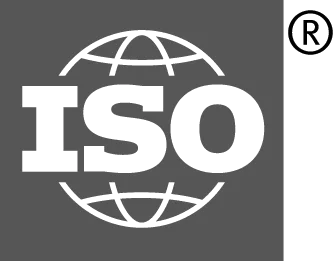 The image shows the ISO logo with large white letters ISO over a globe outline on a gray background, and a registered trademark symbol in the top right corner.