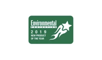 A green badge with white text reads Environmental Protection 2019 New Product of the Year and features a white shooting star graphic on the right side.