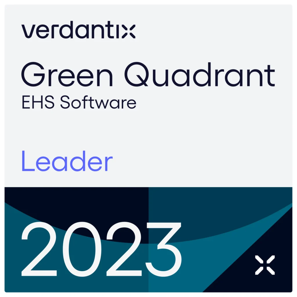 Verdantix Green Quadrant EHS Software badge for 2023, featuring the word Leader prominently, with modern geometric design elements in blue and teal at the bottom.