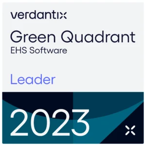 Verdantix Green Quadrant EHS Software badge for 2023, featuring the word Leader prominently, with modern geometric design elements in blue and teal at the bottom.