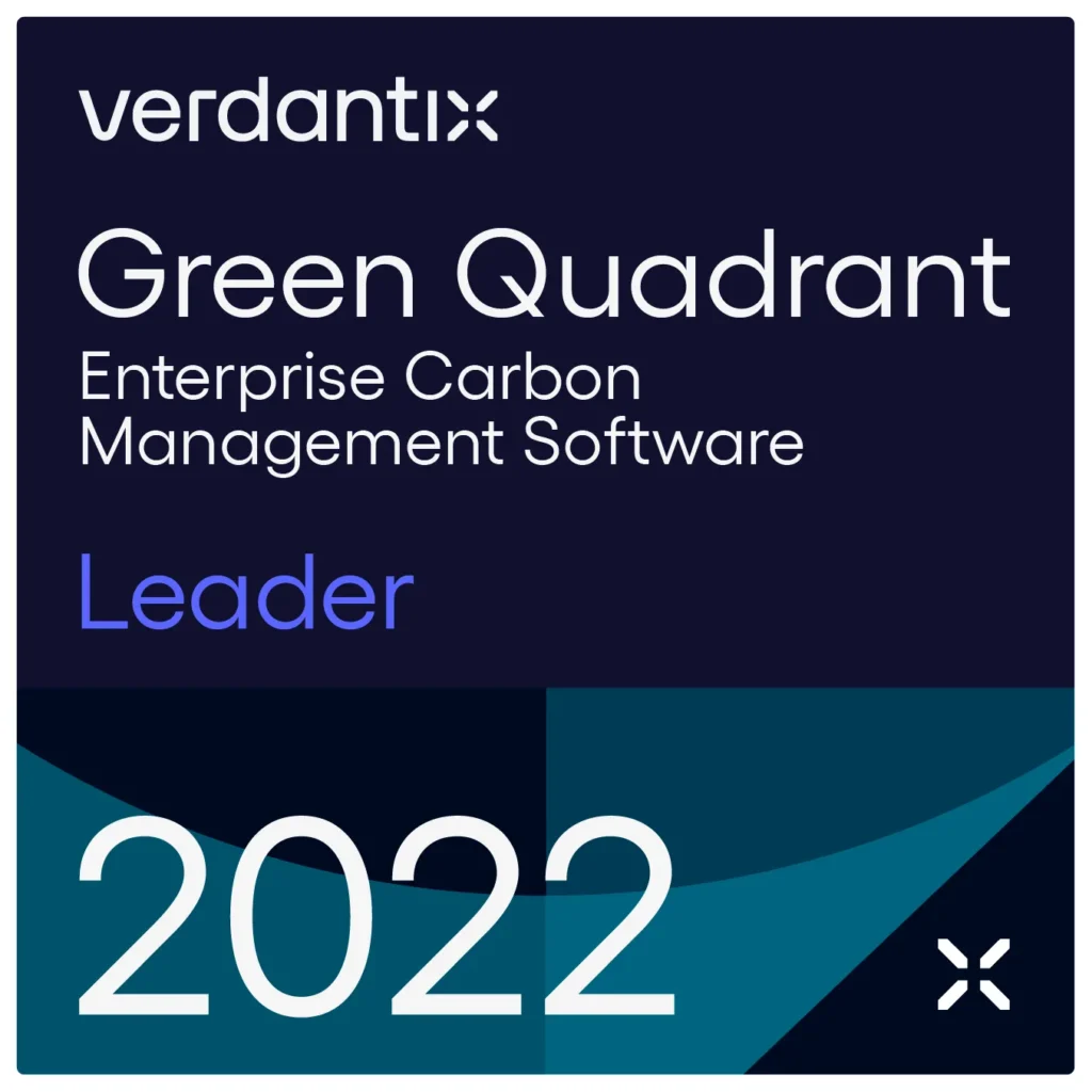 Verdantix Green Quadrant badge naming a company as a Leader in Enterprise Carbon Management Software for 2022, with a modern, geometric blue and teal background design.
