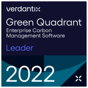Verdantix Green Quadrant badge naming a company as a Leader in Enterprise Carbon Management Software for 2022, with a modern, geometric blue and teal background design.