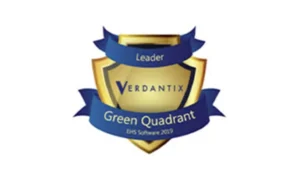 A gold and blue shield-shaped badge with blue ribbons reads Leader Verdantix Green Quadrant EHS Software 2019.