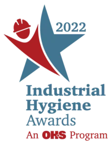 Logo for the 2022 Industrial Hygiene Awards, featuring a stylized person with a hard hat inside a blue star, and the text An OHS Program at the bottom.