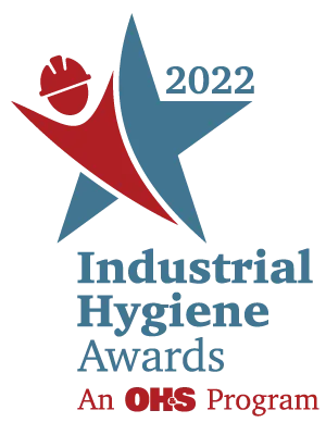 Logo for the 2022 Industrial Hygiene Awards, featuring a stylized person with a hard hat inside a blue star, and the text An OHS Program at the bottom.