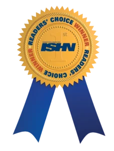 A gold award ribbon with serrated edges and blue ribbons hanging below, labeled “ISHN 1st” in the center and “Reader’s Choice Winner” in red and blue text around the edge.