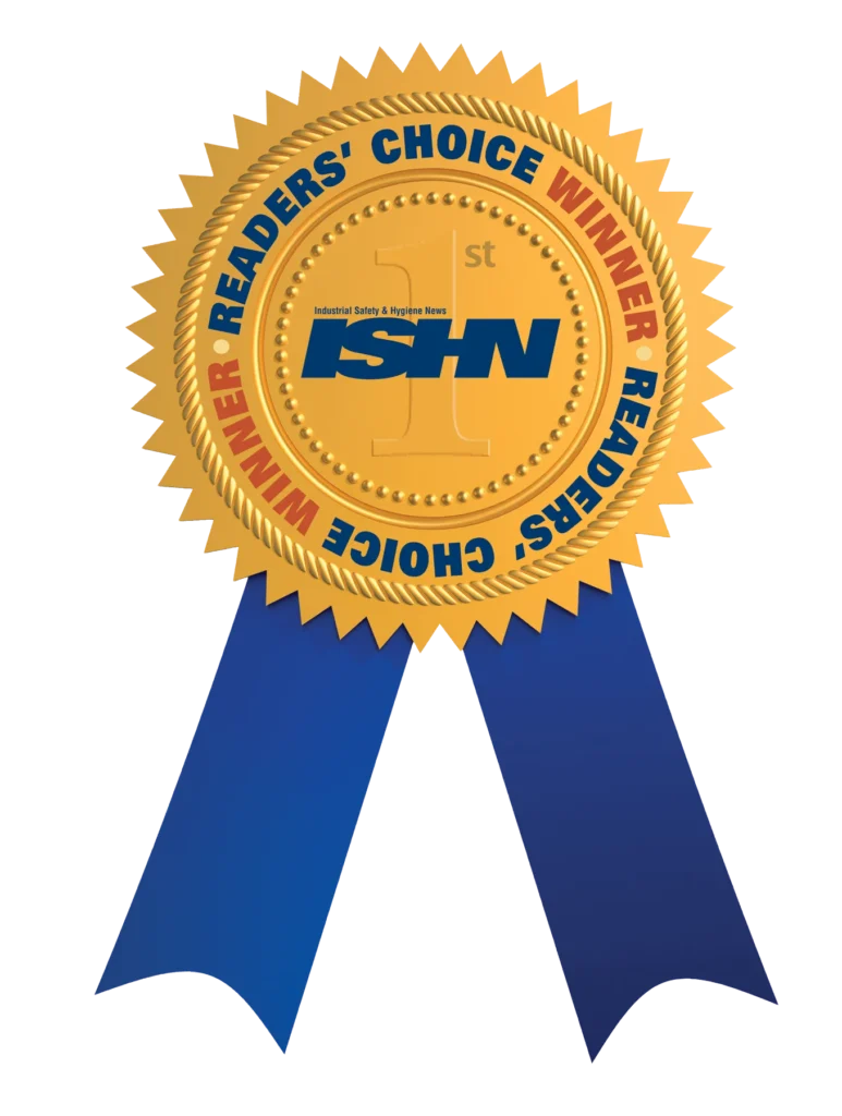 A gold award ribbon with serrated edges and blue ribbons hanging below, labeled “ISHN 1st” in the center and “Reader’s Choice Winner” in red and blue text around the edge.