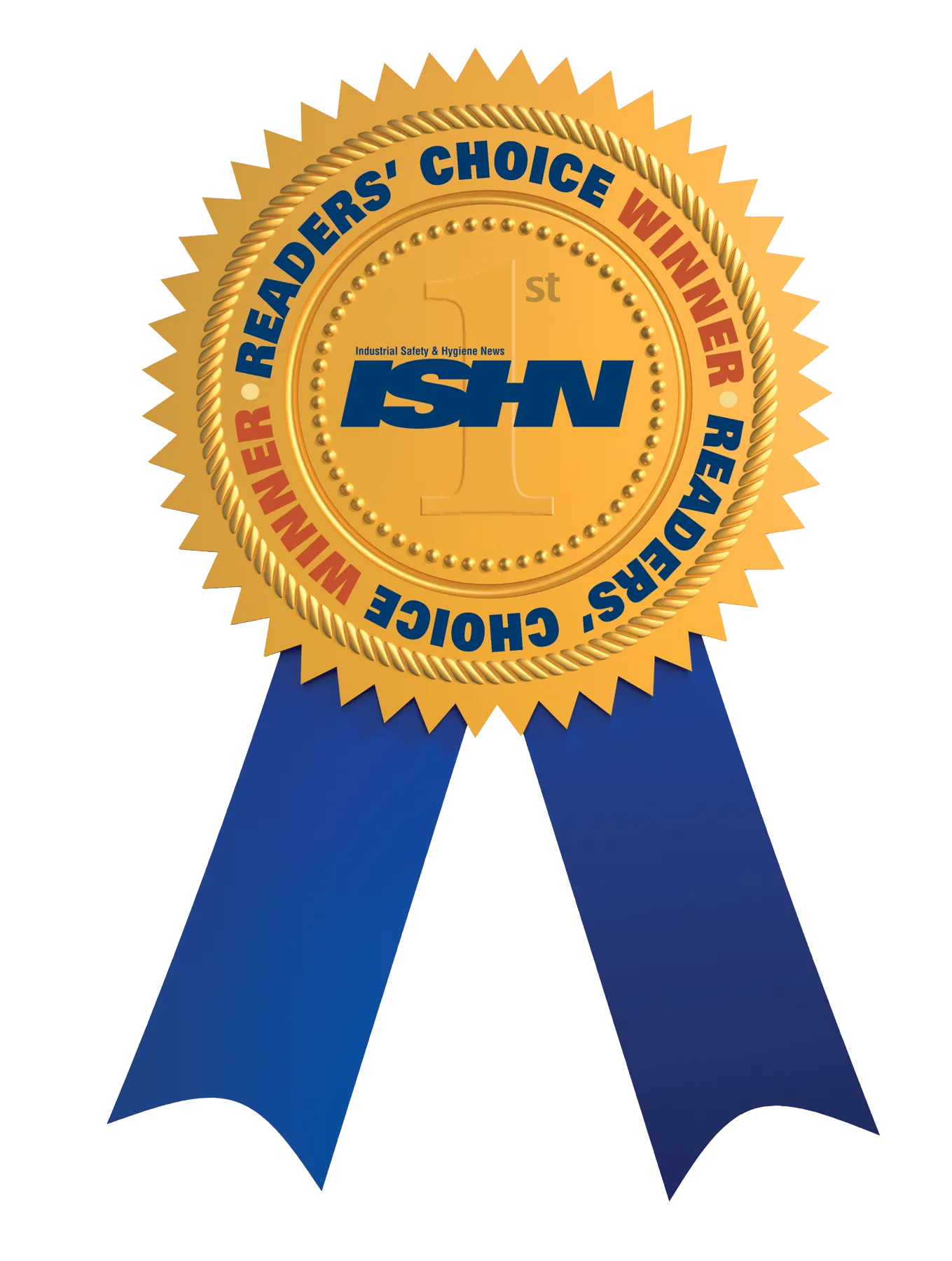 A gold award ribbon with serrated edges and blue ribbons hanging below, labeled “ISHN 1st” in the center and “Reader’s Choice Winner” in red and blue text around the edge.