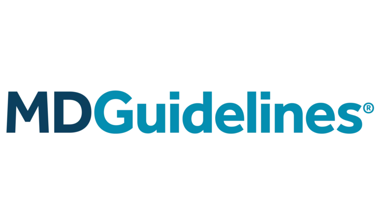 The image displays the MDGuidelines logo, featuring "MD" in dark blue and "Guidelines" in light blue, set against a plain white background for a clean and professional look.
