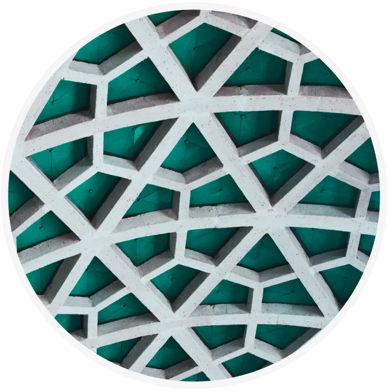 A white geometric lattice pattern forms a dome-like structure against a teal background, viewed from below within a circular frame.
