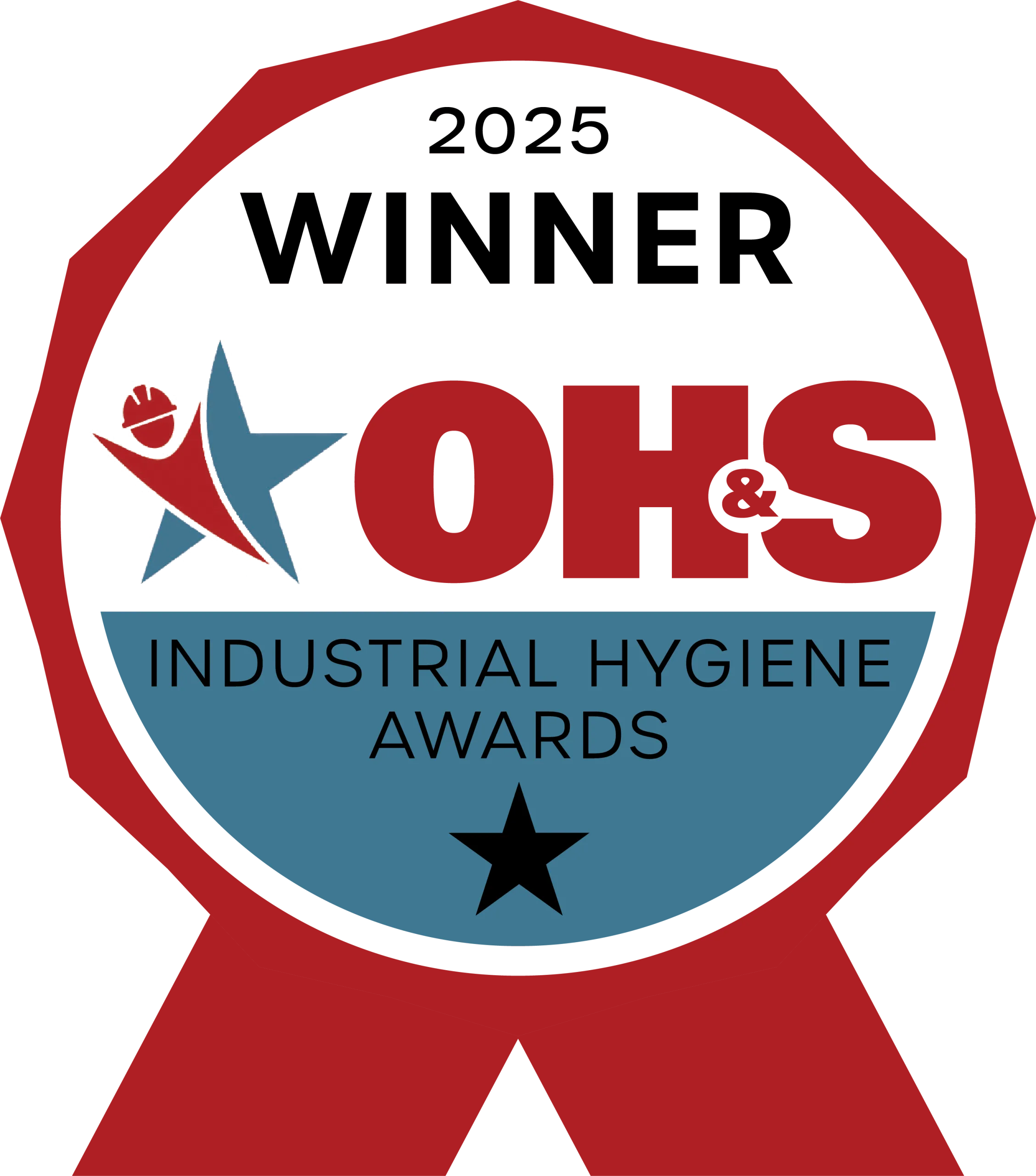 A red and blue ribbon badge displaying 2025 WINNER OH&S Industrial Hygiene Awards with a star, abstract figure design, and recognition for excellence in risk management software.