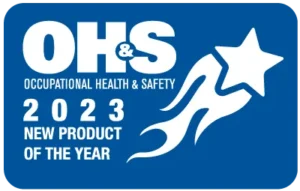 Blue and white badge featuring OH&S Occupational Health & Safety 2023 New Product of the Year with a stylized shooting star graphic on the right side.