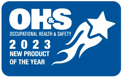 Blue and white badge featuring OH&S Occupational Health & Safety 2023 New Product of the Year with a stylized shooting star graphic on the right side.