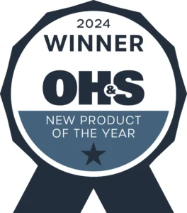 A badge-shaped graphic with 2024 Winner at the top, OH&S in bold in the center, and New Product of the Year with a star at the bottom. The design is in dark and light blue tones.