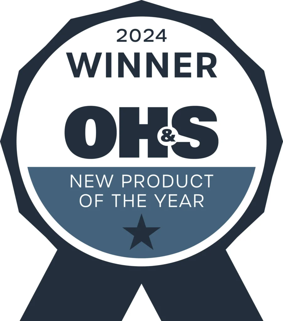 A badge-shaped graphic with 2024 Winner at the top, OH&S in bold in the center, and New Product of the Year with a star at the bottom. The design is in dark and light blue tones.