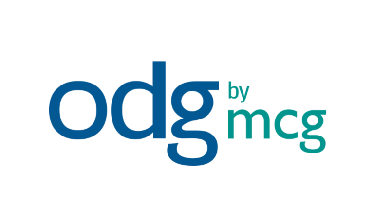 Blue and teal logo with the text odg by mcg on a white background.
