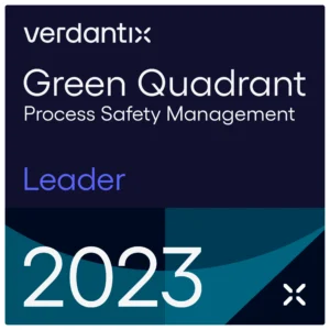 A digital badge displaying verdantix Green Quadrant Process Safety Management Leader 2023 with a dark background and geometric blue shapes.