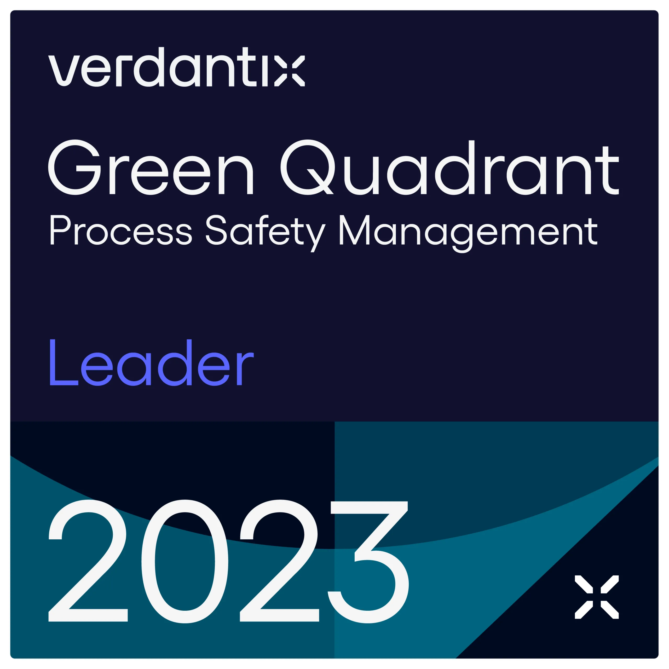 A digital badge displaying verdantix Green Quadrant Process Safety Management Leader 2023 with a dark background and geometric blue shapes.