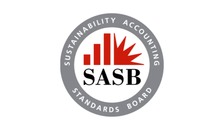 The image shows the Sustainability Accounting Standards Board (SASB) logo, featuring red bar chart elements and a burst design above the acronym SASB, all encircled by a gray ring; it represents ESG and sustainability reporting using SASB Standards.