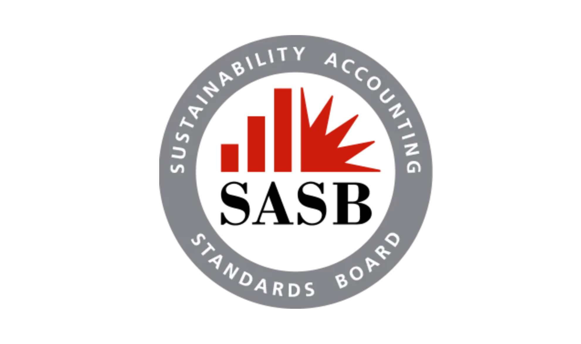The image shows the Sustainability Accounting Standards Board (SASB) logo, featuring red bar chart elements and a burst design above the acronym SASB, all encircled by a gray ring; it represents ESG and sustainability reporting using SASB Standards.