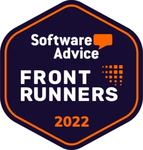 A dark blue badge with orange borders reads Software Advice Front Runners 2022 with a speech bubble icon and dotted square graphic on the right.