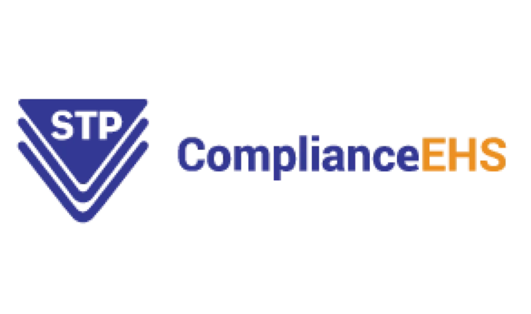 Logo with three dark blue downward chevrons containing the letters “STP” on the left, and the words “STP ComplianceEHS” in blue and orange on the right, representing environmental health and safety compliance.