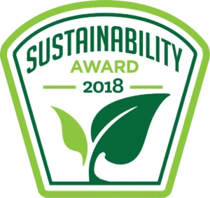 A green and white badge with the words Sustainability Award 2018 above an illustration of two green leaves, symbolizing environmental achievement.