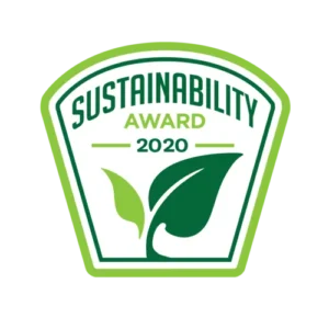 A green and white badge-shaped emblem with the text Sustainability Award 2020 above two green leaves, symbolizing environmental achievement.