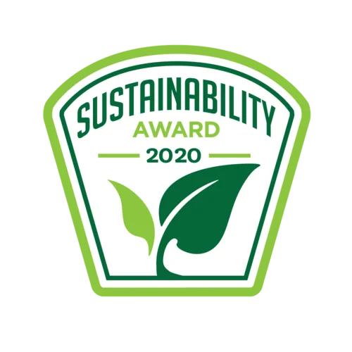 A green and white badge-shaped emblem with the text Sustainability Award 2020 above two green leaves, symbolizing environmental achievement.