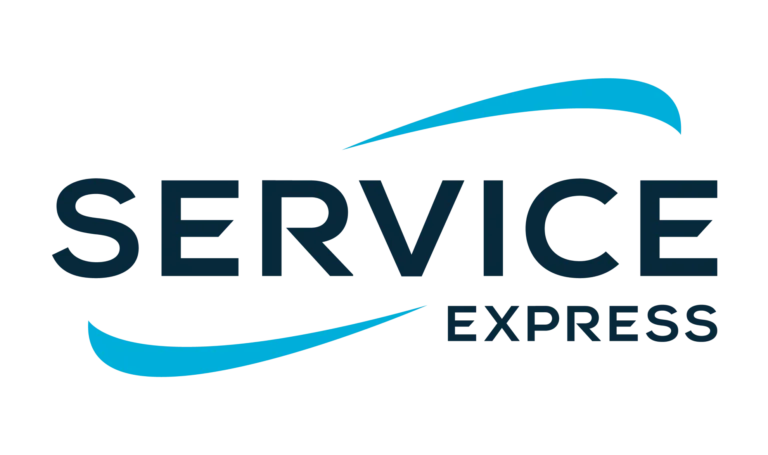 The image showcases the Service Express logo, featuring bold, dark blue letters, with two swoosh-shaped blue lines above and below the text for a dynamic, modern look.