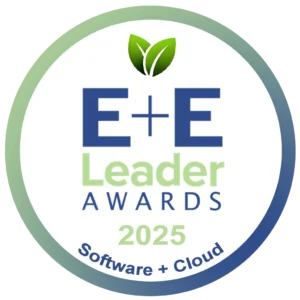 Circular badge with a green leaf icon at the top, text reads E+E Leader Awards 2025 and Software + Cloud at the bottom, in blue and green letters on a white background with a blue-green border.