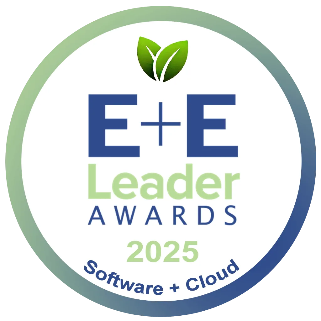 Circular badge with a green leaf icon at the top, text reads E+E Leader Awards 2025 and Software + Cloud at the bottom, in blue and green letters on a white background with a blue-green border.