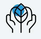 A simple line drawing of two hands holding a leaf, with a blue circle in the background, symbolizing Sustainability at Cority.