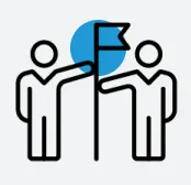 Line drawing of two people shaking hands, with a blue circle and a flag symbol above them, representing agreement or partnership in Sustainability at Cority.