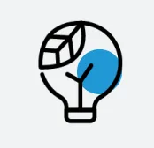 A black outline of a light bulb with a plant sprout inside, symbolizing Sustainability at Cority and eco-friendly ideas, set against a solid blue circle background.