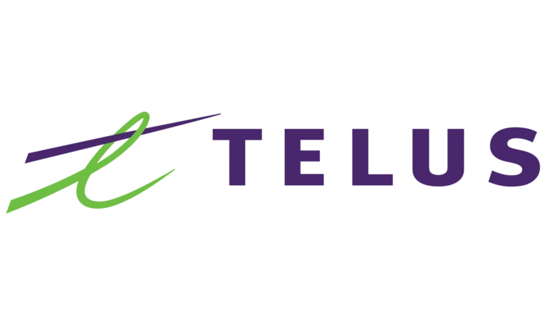 TELUS logo with a stylized green and purple swoosh on the left and the word “TELUS” in bold, purple uppercase letters on the right, set against a white background.