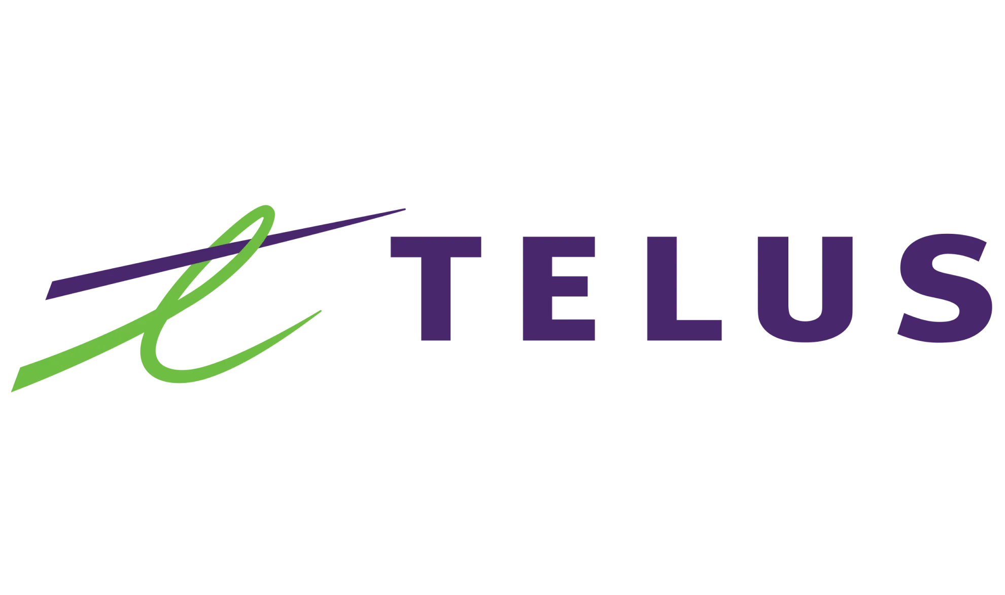 TELUS logo with a stylized green and purple swoosh on the left and the word “TELUS” in bold, purple uppercase letters on the right, set against a white background.