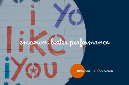A wall with colorful text reading i like you in red and blue, overlaid with the phrase empower better performance in white cursive. Logos for Cority One and Arcadis are in the lower right corner.