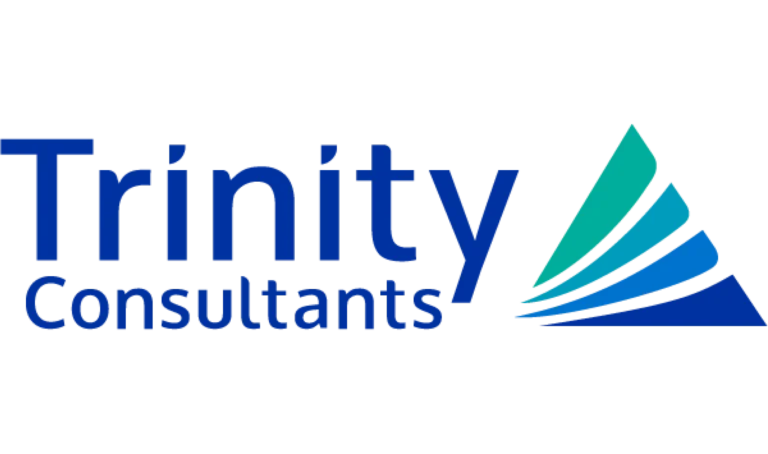 Logo for Trinity Consultants, a leader in EHS services, featuring the company name in blue text—Trinity in large font above Consultants—and a stylized triangular graphic with blue and teal layers on the right.
