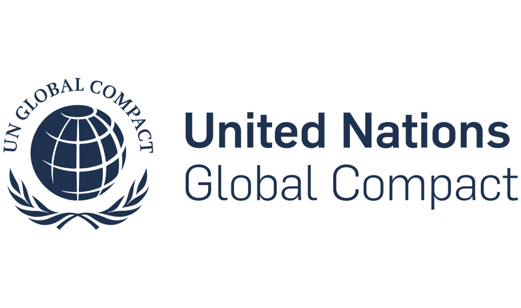 The image features the United Nations Global Compact logo with a globe surrounded by olive branches on the left and the text United Nations Global Compact on the right in blue letters.