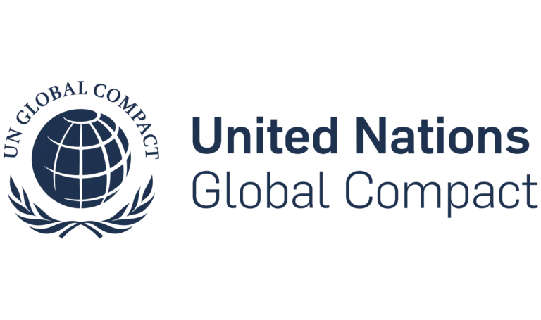 The image features the United Nations Global Compact logo with a globe surrounded by olive branches on the left and the text United Nations Global Compact on the right in blue letters.