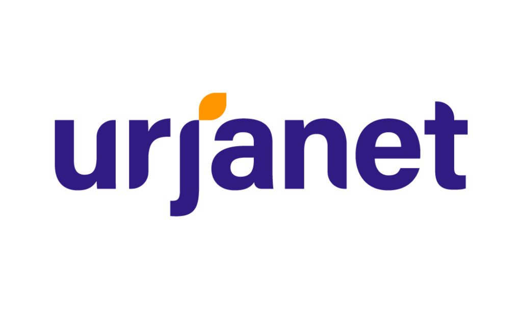 The image shows the word urjanet in bold, lowercase dark blue letters. The dot above the j is orange and shaped like a leaf. The background is light gray.