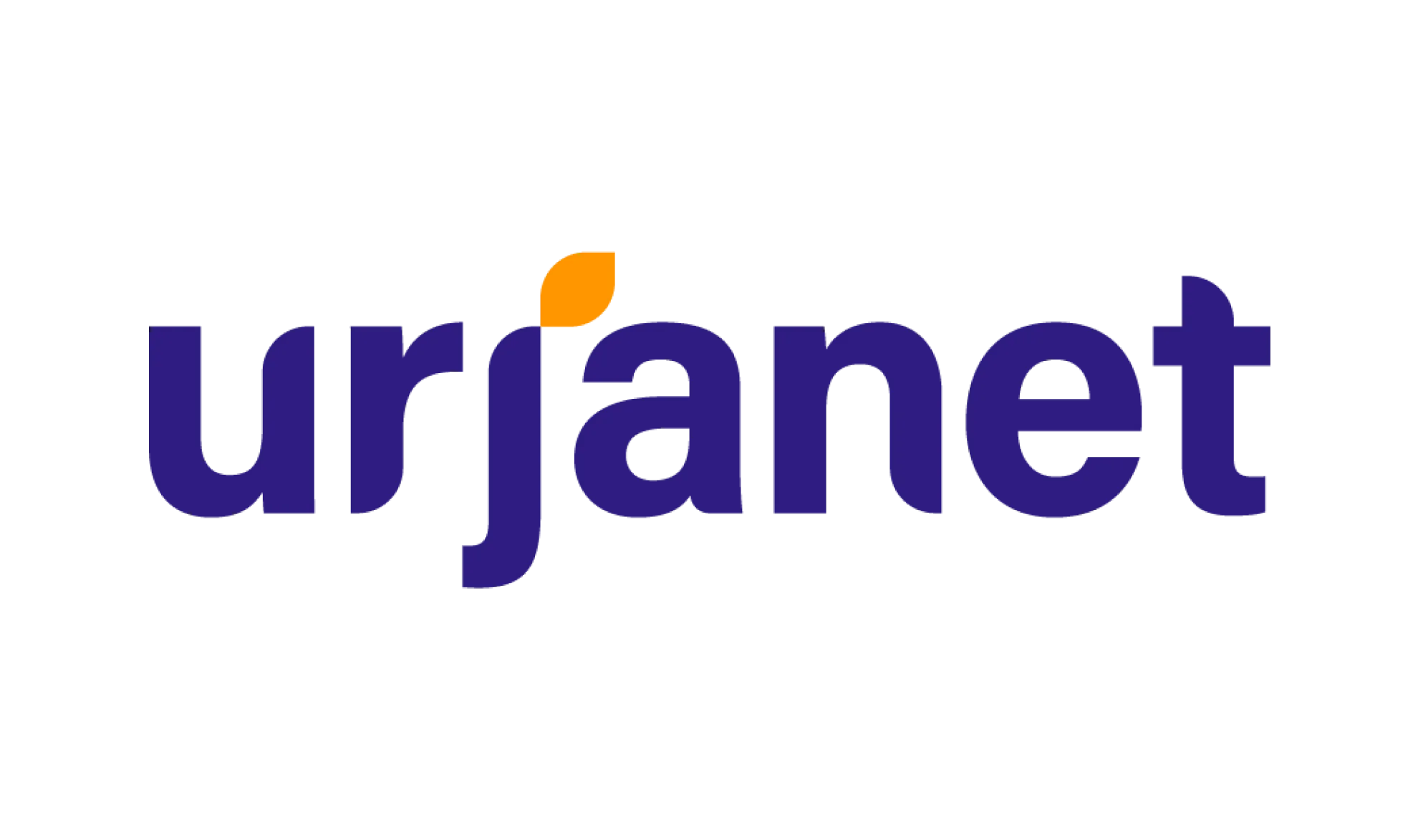 The image shows the word urjanet in bold, lowercase dark blue letters. The dot above the j is orange and shaped like a leaf. The background is light gray.