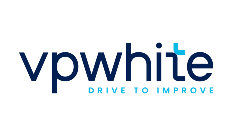 The image features the logo vpwhite in bold blue lowercase letters, with a turquoise T forming part of the t. Below, the slogan DRIVE TO IMPROVE appears in uppercase turquoise letters.
