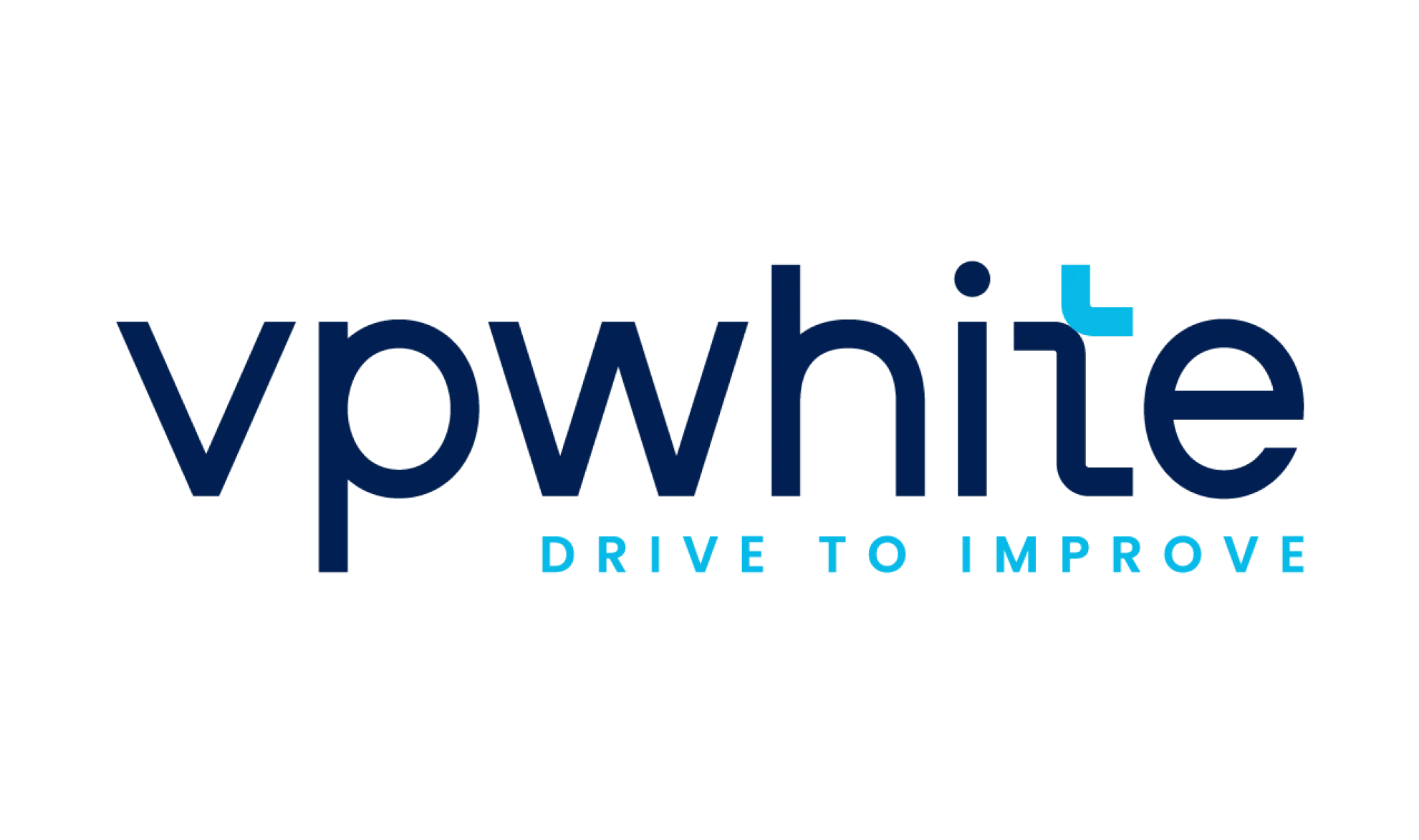 The image features the logo vpwhite in bold blue lowercase letters, with a turquoise T forming part of the t. Below, the slogan DRIVE TO IMPROVE appears in uppercase turquoise letters.