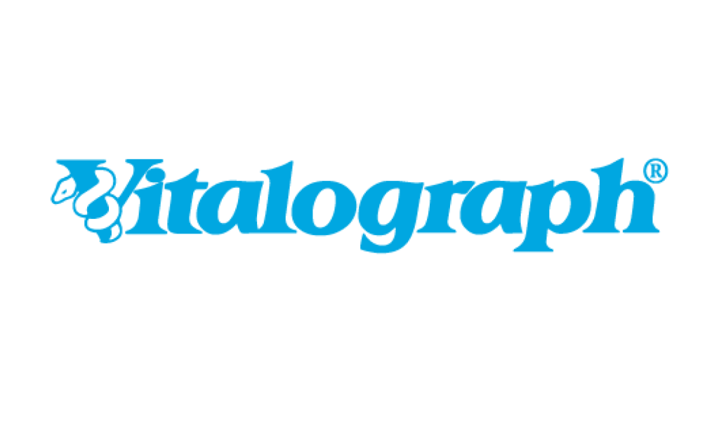 The image shows the word Vitalograph in blue text with a stylized letter V featuring a medical snake and staff design.