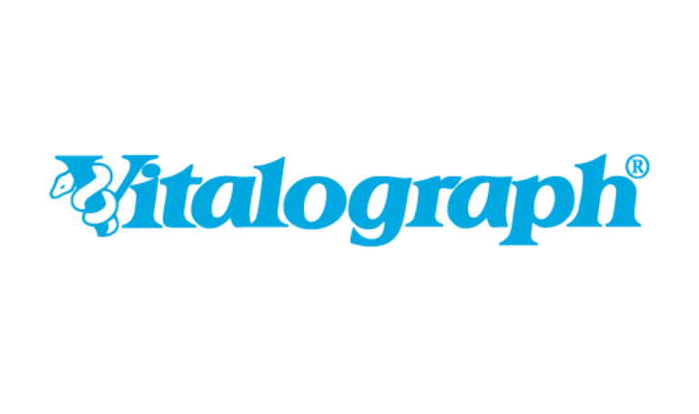 The image shows the word Vitalograph in blue text with a stylized letter V featuring a medical snake and staff design.